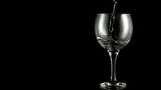 Flusso di bevanda ambrata che viene versata in un calice di vetro su sfondo nero. Scatto elegante in studio, con riflessi lucidi e composizione minimalista. 