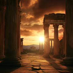 Fototapeta premium Stunning roman ruins at sunset ancient site scenic photography majestic landscape warm glow timelessness