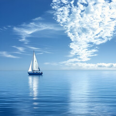 Fototapeta premium Sailboat floating on calm ocean tranquil seascape nature photography serene atmosphere aerial view peaceful journey