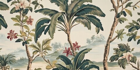Wallpaper serene tropical landscape painting in pastel tones	
