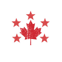 Maple leaf and five stars. Canadian product, service. Vector illustration isolated on white background.