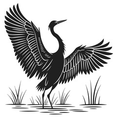 Black Silhouette Crane Standing On Water With Spread Wings In The Marshland