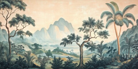 Wallpaper serene tropical landscape painting in pastel tones	
