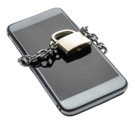Smartphone lock security with chain and padlock isolated on white background transparent PNG clipart.