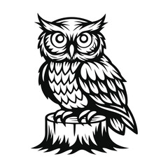 Black Silhouette of an Owl Perched Atop Tree Stump, Detailed Feather and Eye Design