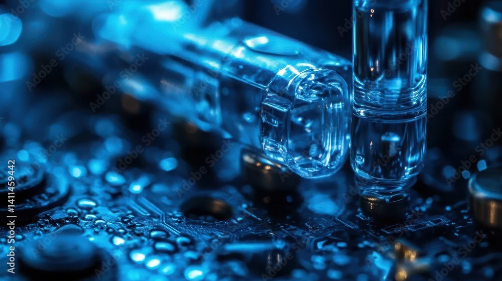 Poster a close up of electronic components on a printed circuit board in blue tones. useful for technology,