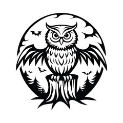 Black Silhouette of Owl on a Stump with Bats in Circular Design