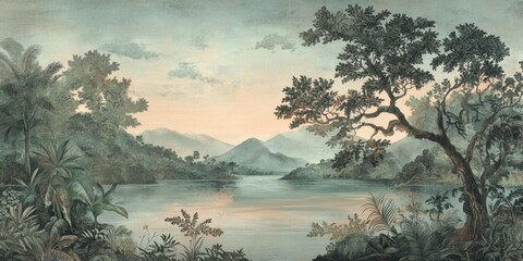 Wallpaper serene tropical landscape painting in pastel tones	
