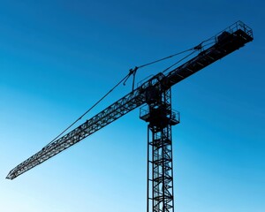 Tall crane silhouetted against a flawless blue sky, showcasing new construction progress - business city high