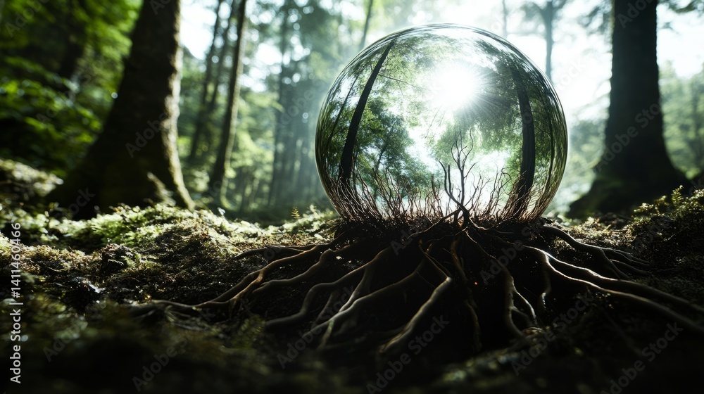Wall mural natural fusion: a network of photomycelium extends from the surface of the sphere and is connected t