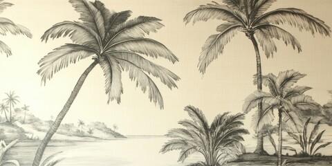 Wallpaper serene tropical landscape painting in pastel tones	
