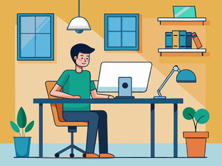 Productive Work From Home Setup Man Working at Desk in Home Office