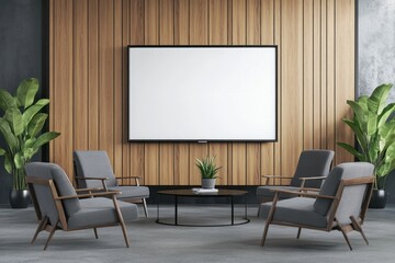 A modern lounge area with chairs surrounding a coffee table