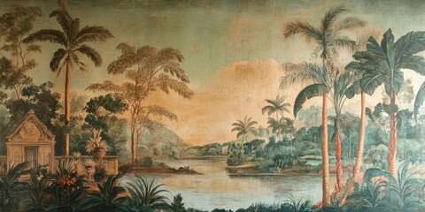 Wallpaper serene tropical landscape painting in pastel tones	
