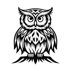 Detailed Black Owl Isolated, Tribal Style Bird Design, Minimalist