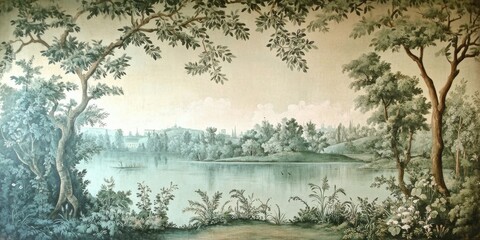 Wallpaper serene tropical landscape painting in pastel tones	
