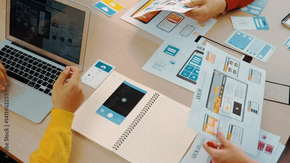 Poster panorama video of startup company employee planning on user interface prototype for mobile applicati