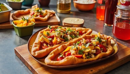 Delicious Flatbreads With Fresh Vegetables And Herbs On A Wooden Board