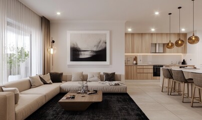Fototapeta premium A modern living space with a kitchen and contemporary design
