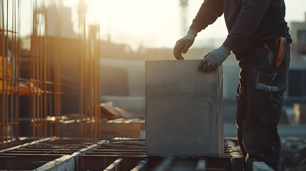 A construction worker working with concrete forms at a building site. Featuring skill and craftsmanship