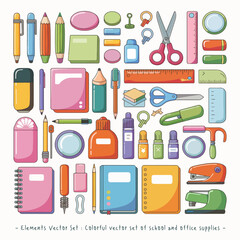 Colorful vector set of school and office supplies including pens, scissors, rulers, notebooks, and more. Ideal for education, stationery, and organization-themed designs.