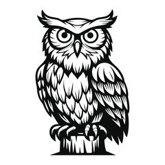 Detailed Owl Perched on Tree Stump, Monochromatic Silhouette Design, Bold Outline, Elegant Bird