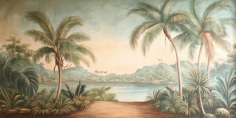 Wallpaper serene tropical landscape painting in pastel tones	
