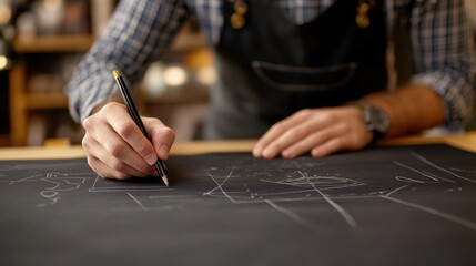 A fashion designer sketching ideas on fabric in a design studio. Featuring creativity and precision