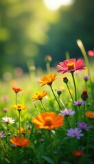 Fototapeta premium Vibrant wildflowers in lush meadow, sunlight dappled, sunlight, petal