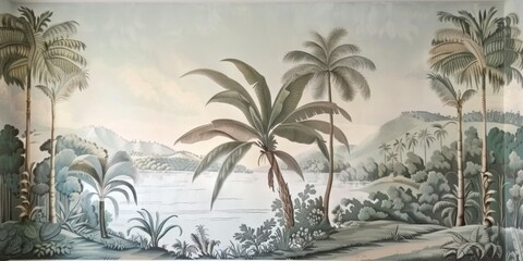 Wallpaper serene tropical landscape painting in pastel tones	
