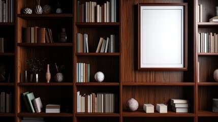 Wooden bookcase display with blank framed art