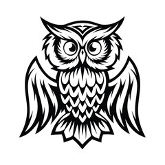 Elegant Owl Bold Black and White Stylized Design with Detailed Feathers