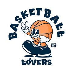  Funny cartoon character of basketball. Can be used as Sticker, posters, prints. Retro cartoon style. Vector illustration