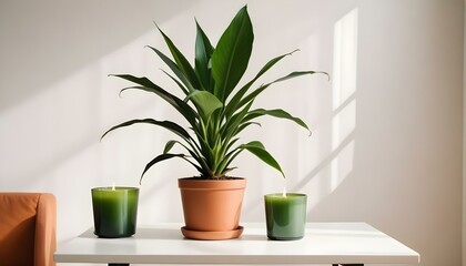 Obraz premium Black square frame mockup with a dracaena in a pot and a candle on a white table.