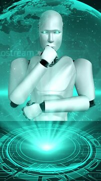 Futuristic robot artificial intelligence huminoid AI programming coding technology development and machine learning concept. Robotic bionic science research for future of human life. 3D rendering.
