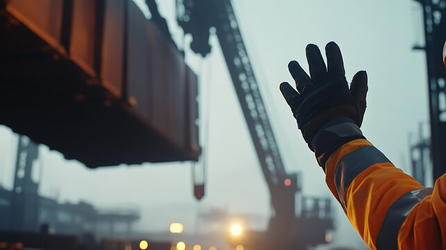 A crane signaler directing a heavy load at a construction site. Featuring safety and coordination