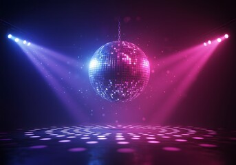 nightclub, dance floor, shimmering reflections, vibrant colors, purple and blue lighting, party lights, disco ball, mirror ball