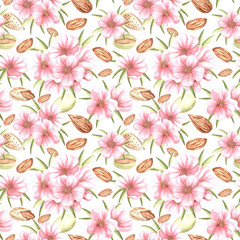 Pink flowers of almond with leaves and nuts watercolor seamless pattern. Hand drawn illustration from natural food. Floral background for cosmetic wrapping. Template for textile, print in sketch style