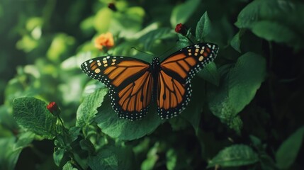 Obraz premium An open winged orange and black butterfly rests amidst greenery