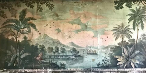 Wallpaper serene tropical landscape painting in pastel tones	
