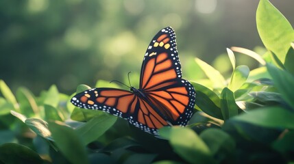 Obraz premium A beautiful orange butterfly rests atop vibrant green leaves