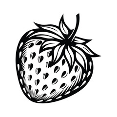 Isolated Stylized Black and White Strawberry Silhouette, Detailed Seeds and Leaves