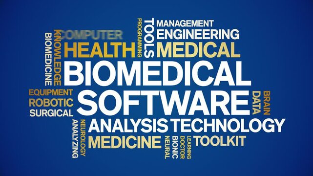 Biomedical software animated word cloud;text design animation tag kinetic typography seamless loop.