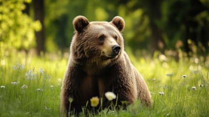 Fototapeta premium 花畑にいる熊