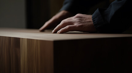 Carpenter cutting wood for custom furniture at a workshop. Featuring woodworking and craftsmanship