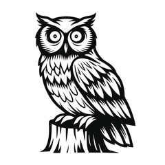 Monochrome Owl Design Detailed Feathers, Striking Eyes, Perched on Tree Stump Icon