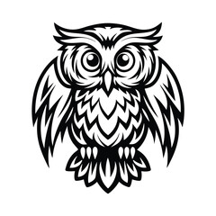 Monochrome Owl Illustration, Bird With Open Wings, Wildlife, Feathers, Detailed Design