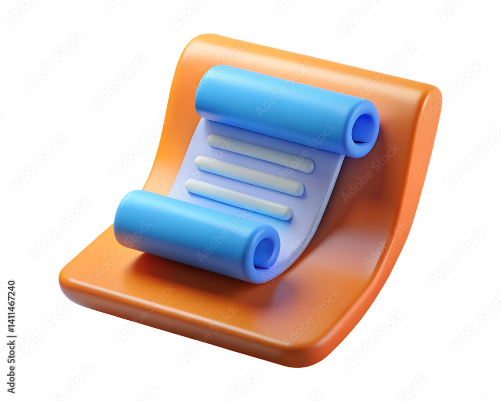 Poster 3d render of rolled document or list on orange pad against 3d isolated on white background