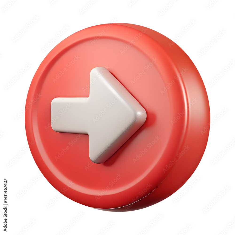 Poster 3d rendered red button with white arrow pointing right for navigation purpose