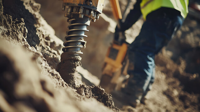 A foundation drilling specialist guiding a massive auger into the ground. Featuring control and engineering expertise